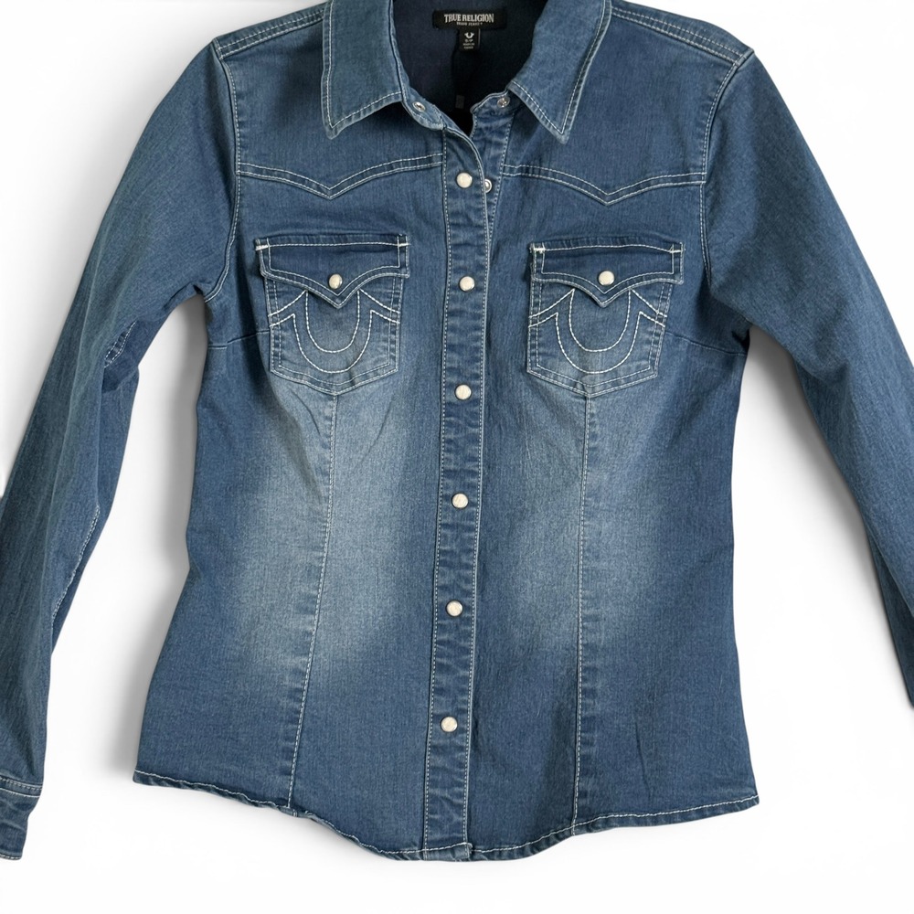 NWOT True Religion Western Denim Shirt Blue Women Small Pearl Snap Horseshoe Y2K